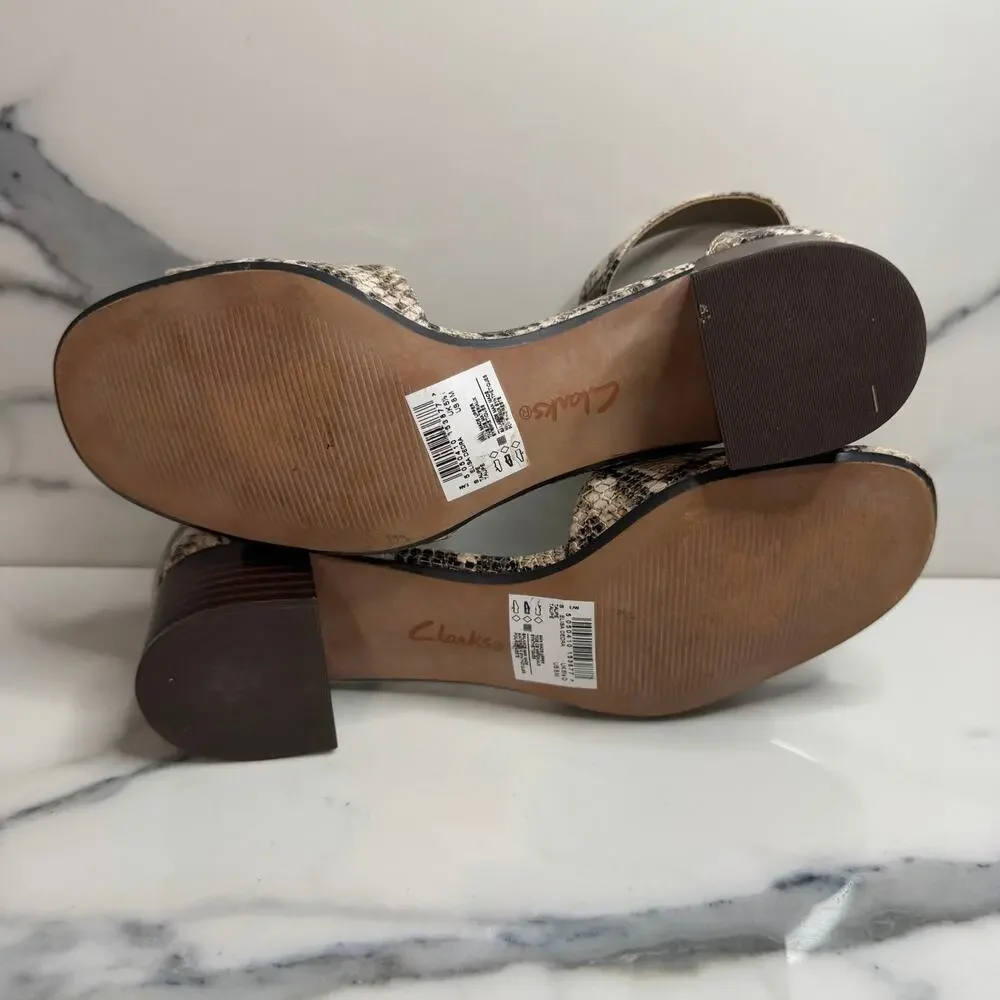 Clarks Womens Snake Embossed Leather Elisa Dedra Sandals Sz 8 Block Heel Pep Toe